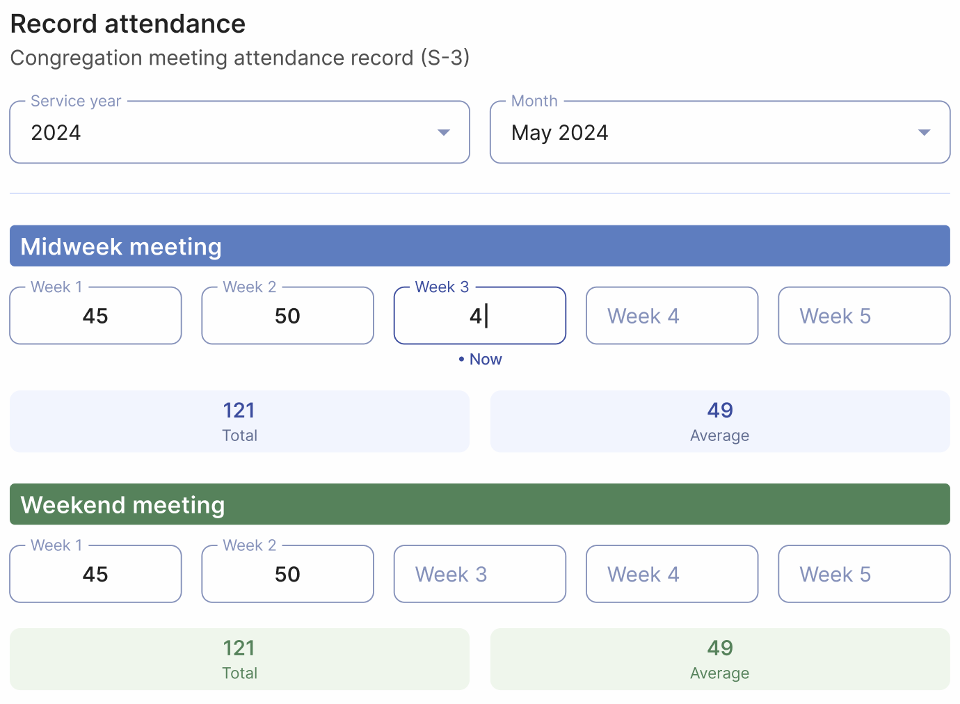 Enter meeting attendance details and get instant calculations in Organized