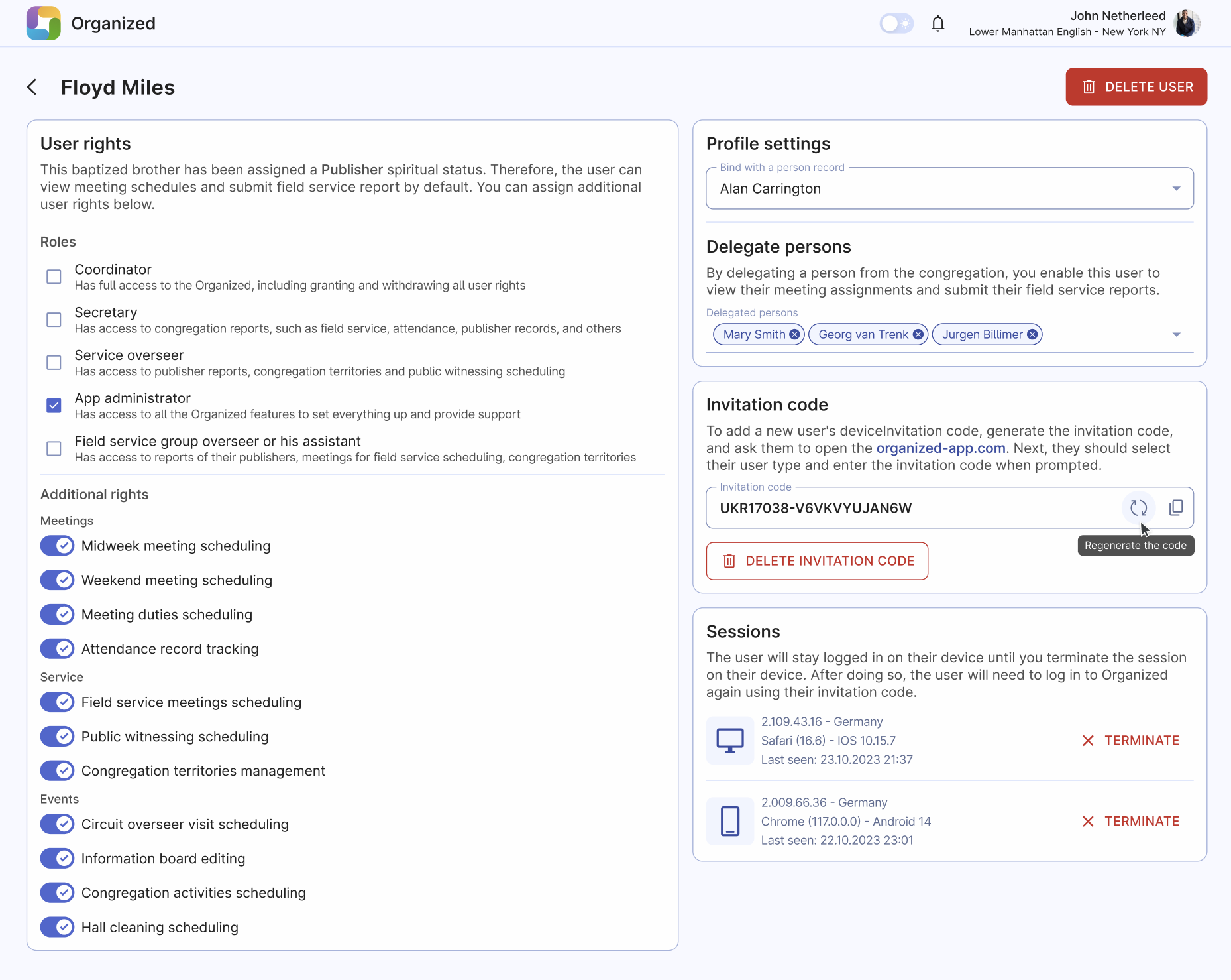 Edit user access and rights