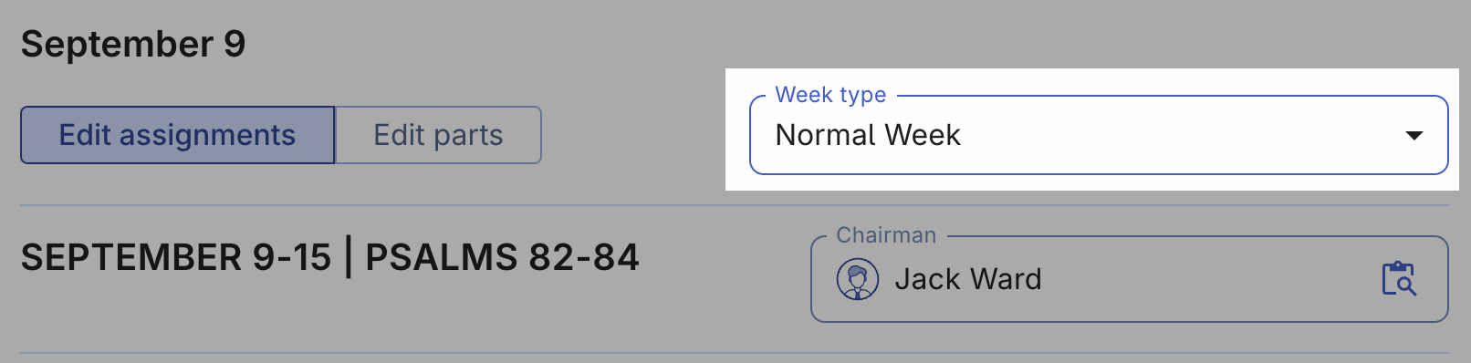 Different week types of a JW meeting